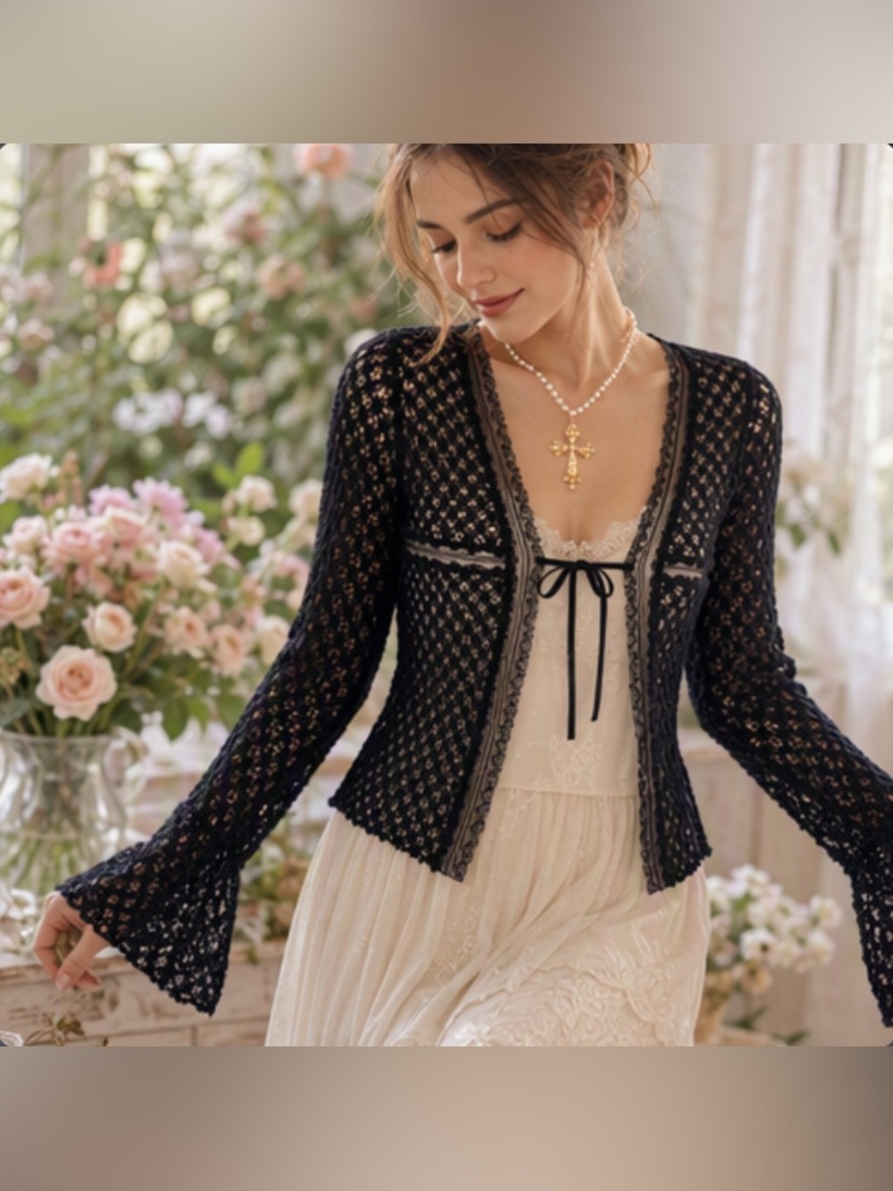 🌷Black Crochet Mesh Lace🌷 Flare Sleeve Cardigan